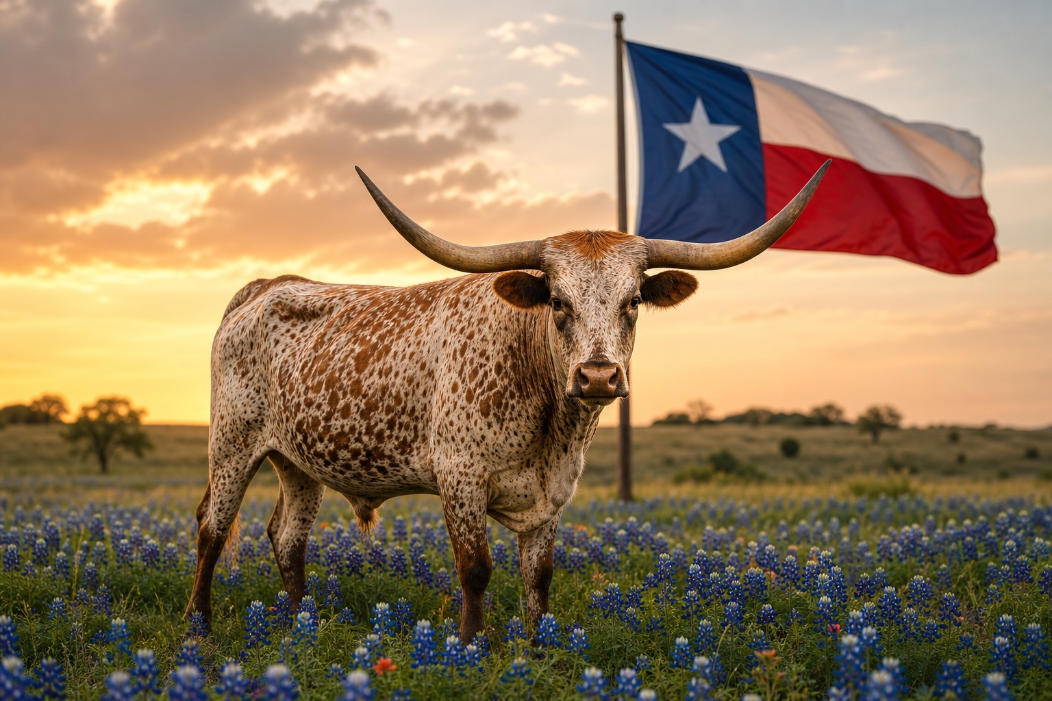 Longhorn in Texas bluebonnets with Texas flag