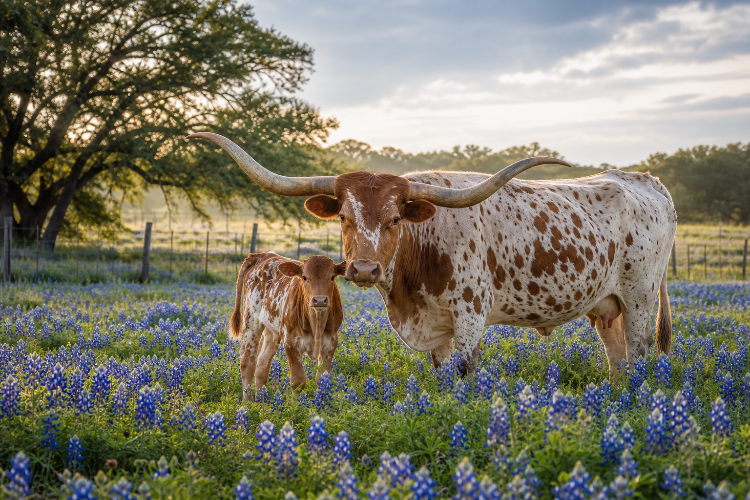 Longhorn cow and calf standing together in bluebonnets