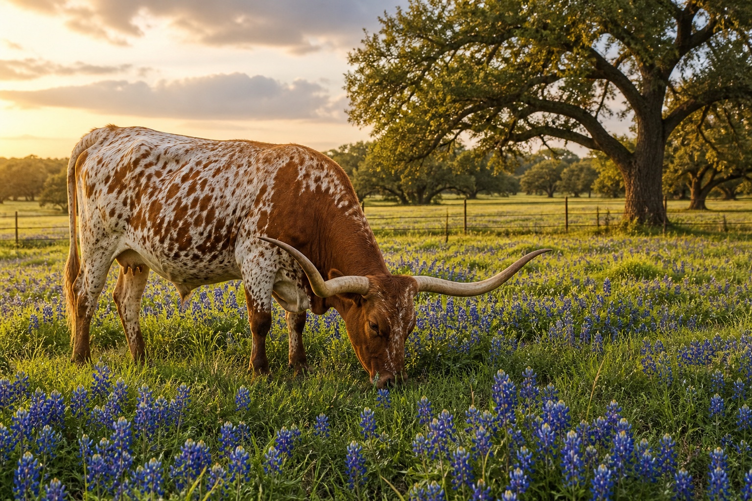 Longhorn grazing under live oaks in a Texas pasture