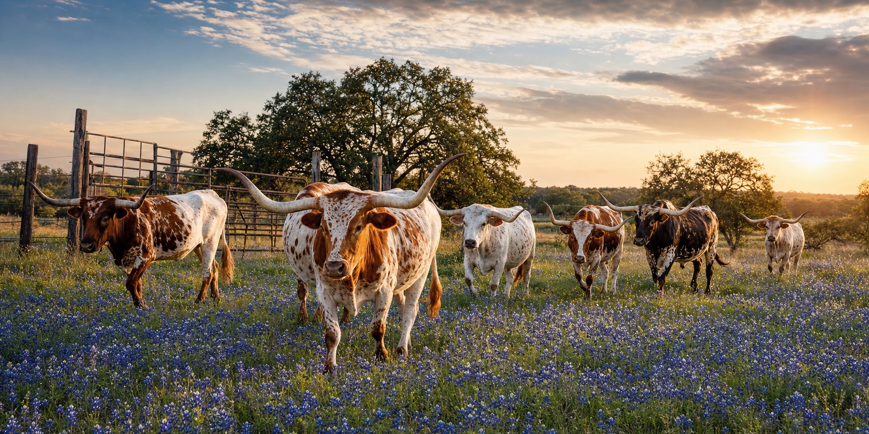 Small herd of Texas Longhorns moving through bluebonnets at golden hour