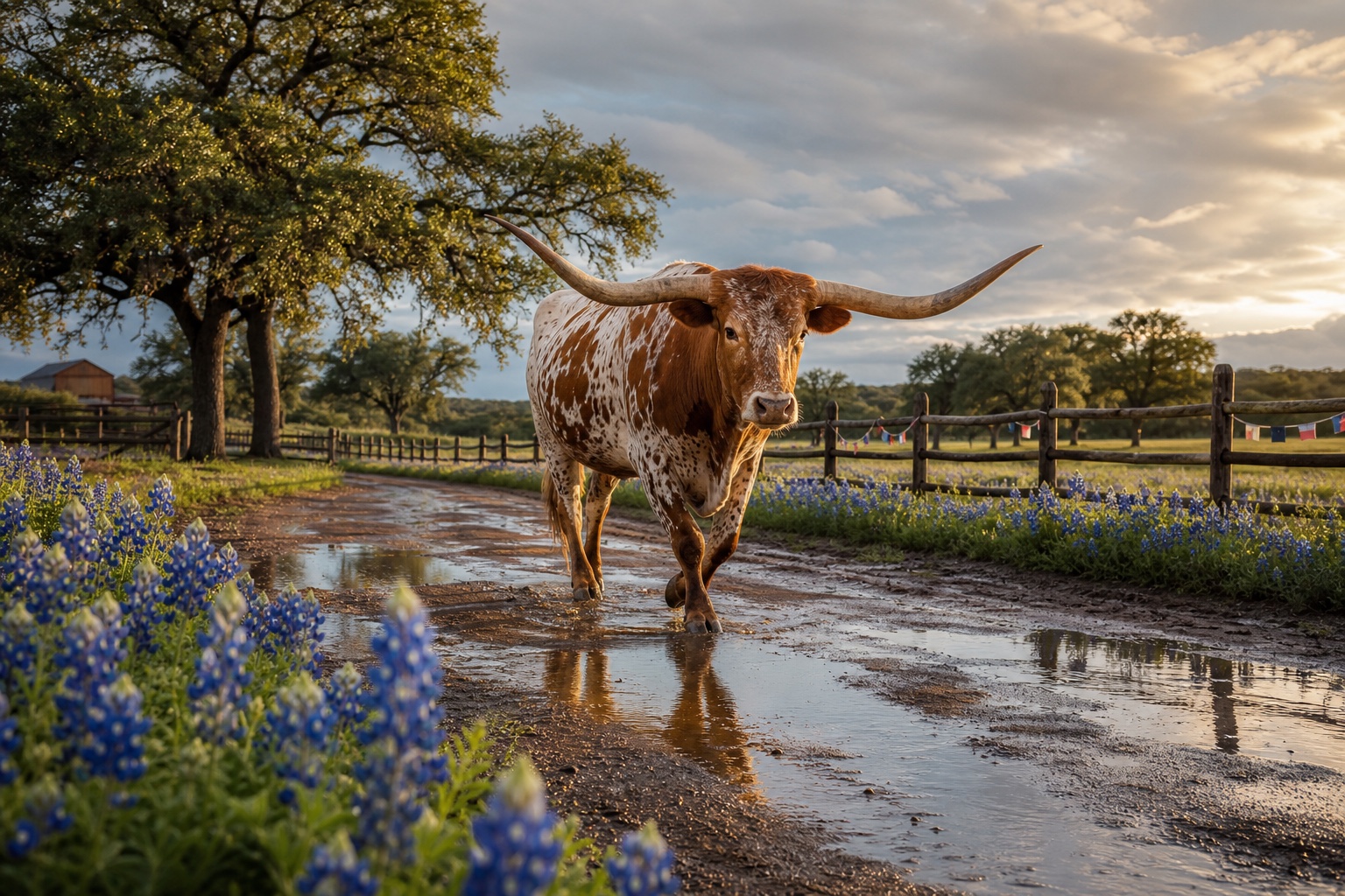 Longhorn walking down a wet Texas ranch road after rain