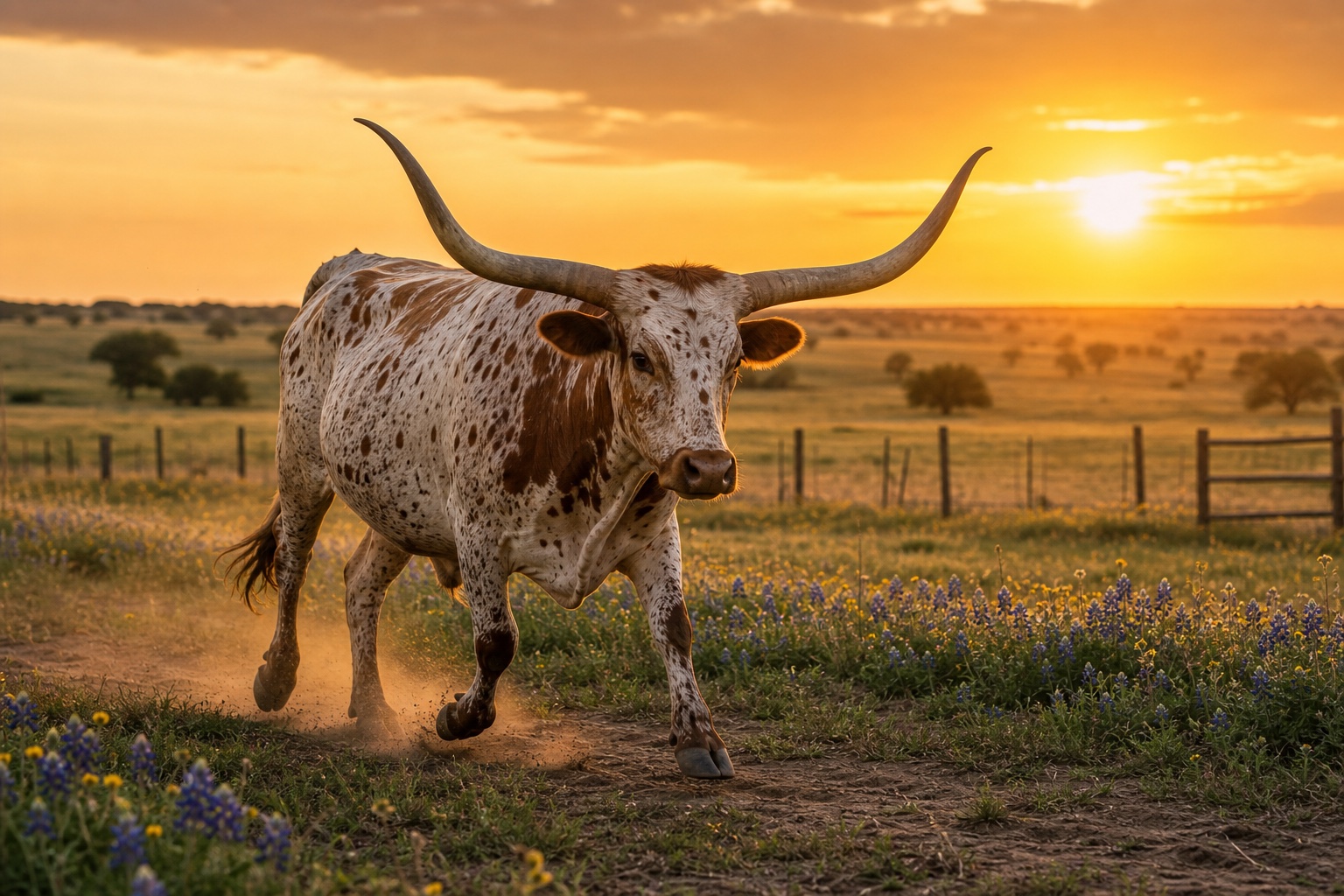 Longhorn trotting across a ranch pasture at sunset