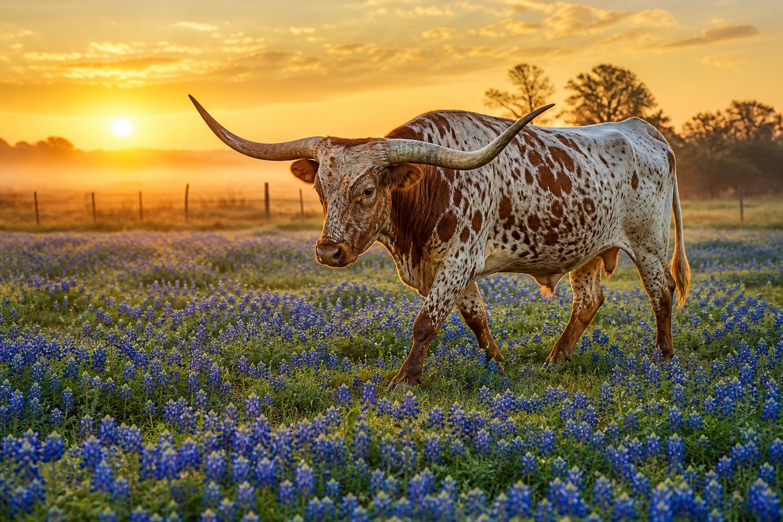 Longhorn walking through Texas bluebonnets at sunrise