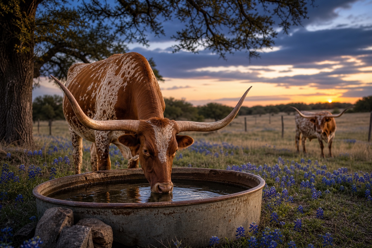 Longhorn drinking from a ranch water trough at dusk